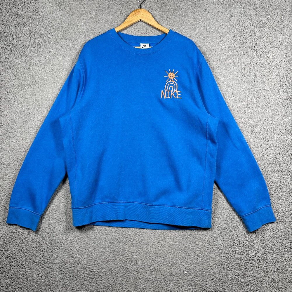 Nike Sweater Mens Size Large Blue Orange Trance Crewneck Fleece Lined Rainbow